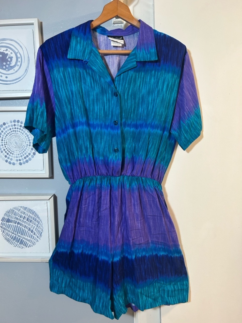 Vintage Caliche Tie-Dye Blue & Purple Short Romper with Elastic Waist Size 14P